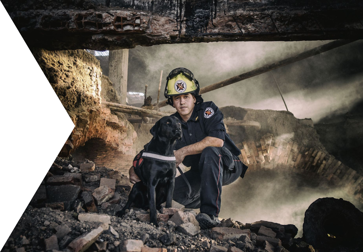 Fireman standing behind a black dog in a burnt building